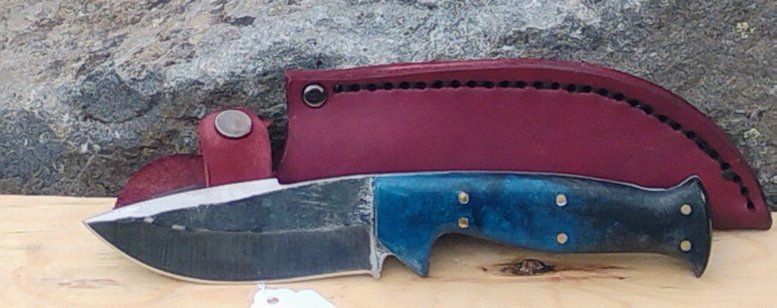 1095 Drop-Forged Camp Knife – Blue Resin Handle & Burgundy Leather Sheath