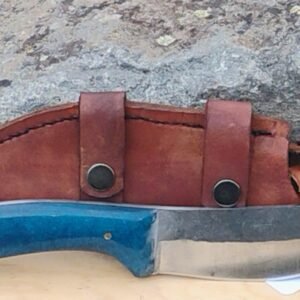 1095 Drop-Forged Skinner Knife – Ocean Blue Resin Handle & Saddle Brown Leather Sheath