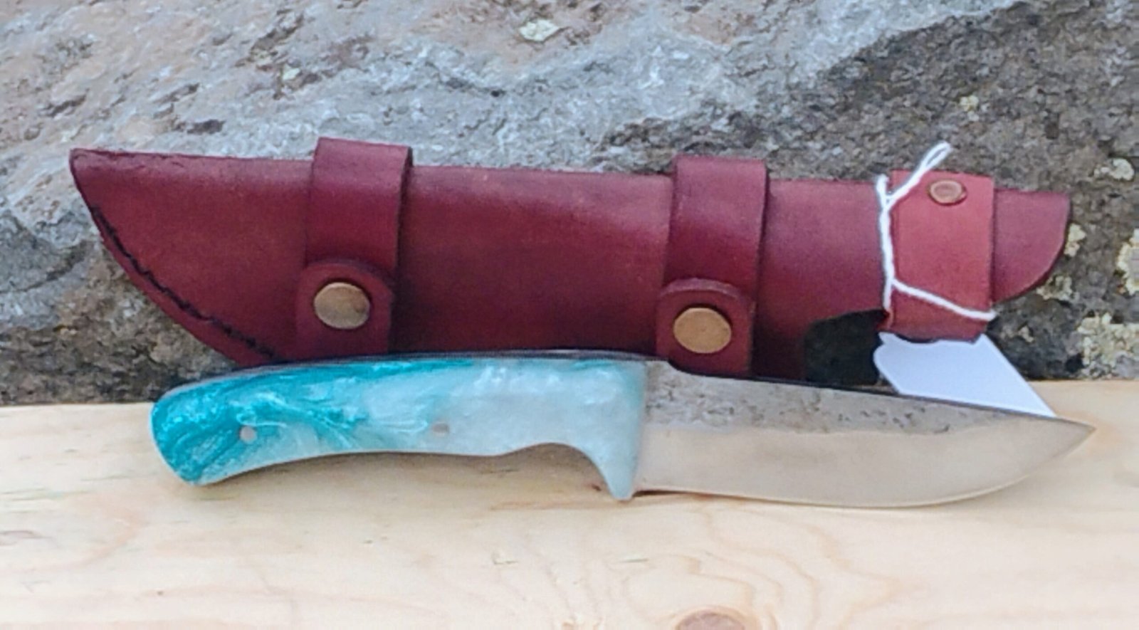 1095 Drop-Forged Camp Knife – Glacier Swirl Resin Handle & Burgundy Leather Sheath